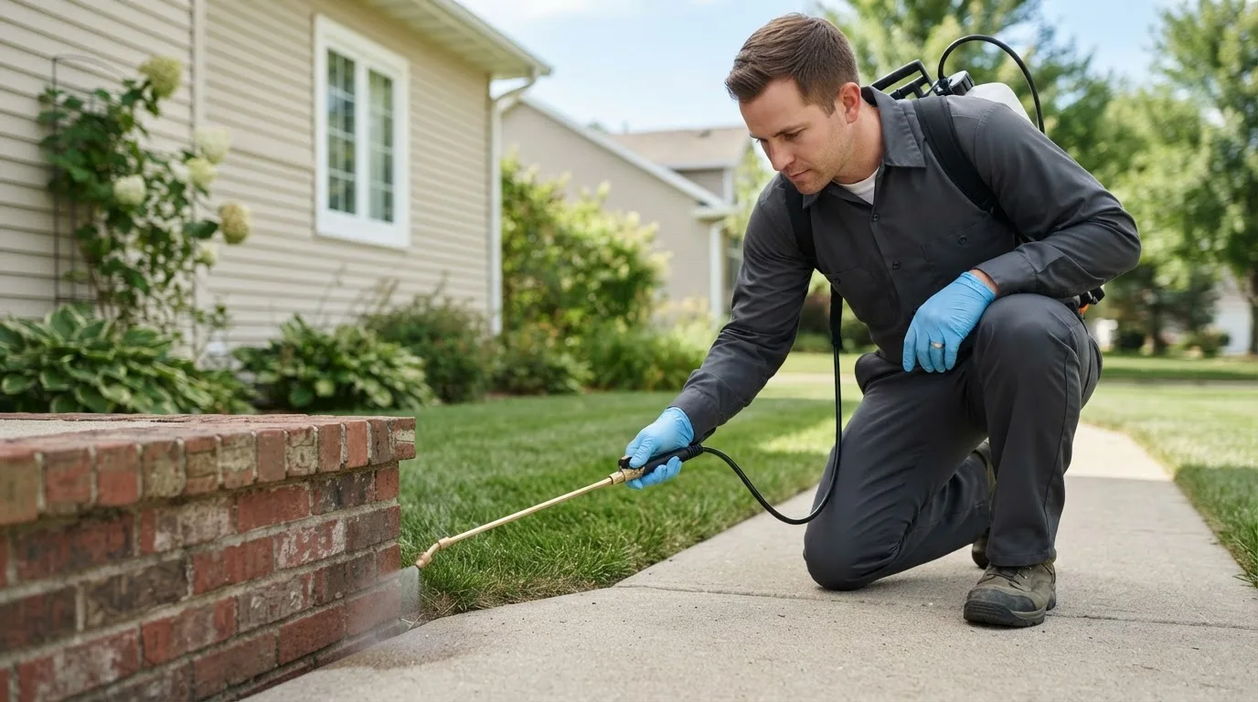 Pest control technician treating a home near Hathaway Pines, CA